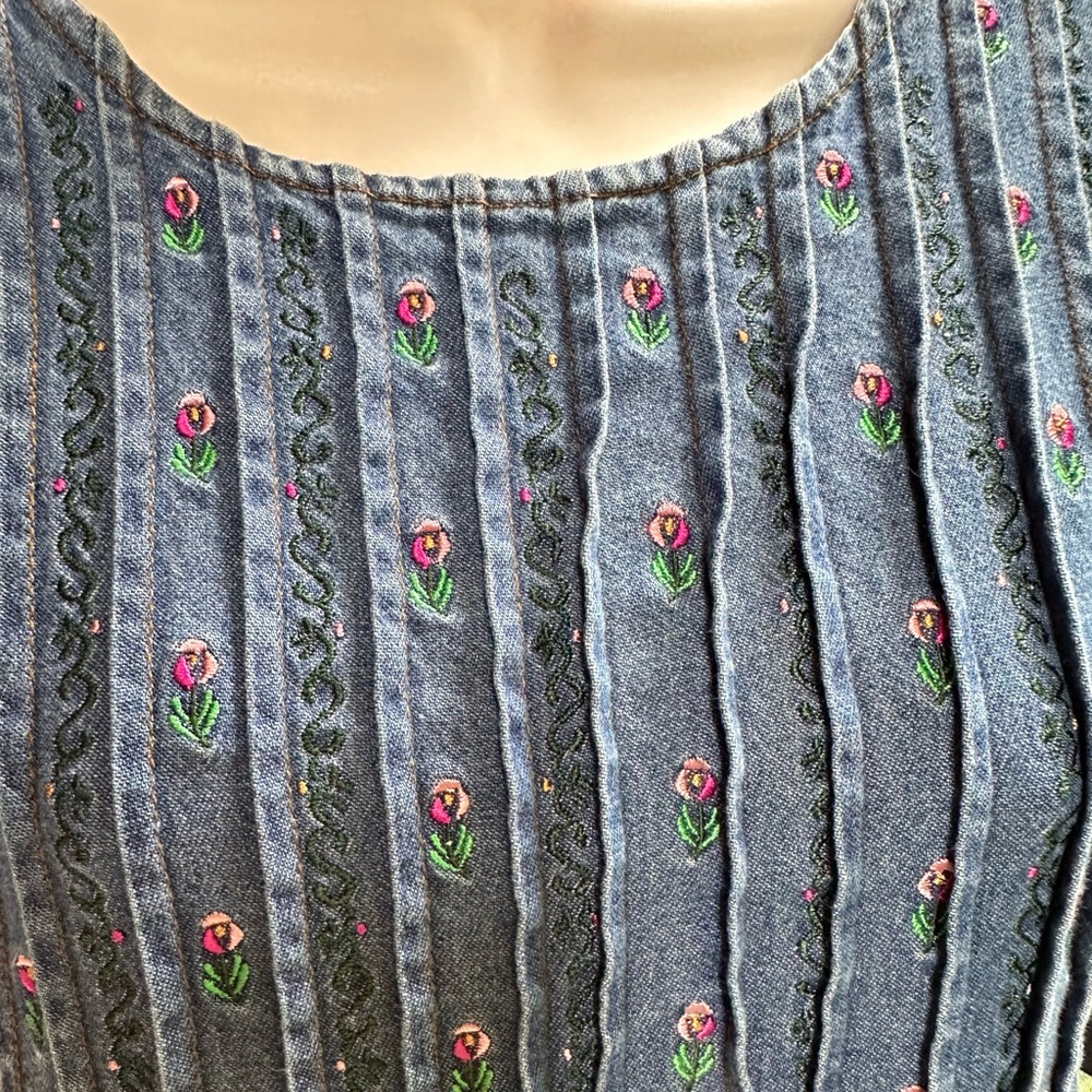 Vintage Rustic Denim Cottage Prairie Embroidered Floral Modest MidiDress ~ S/M? - Picture 3 of 16